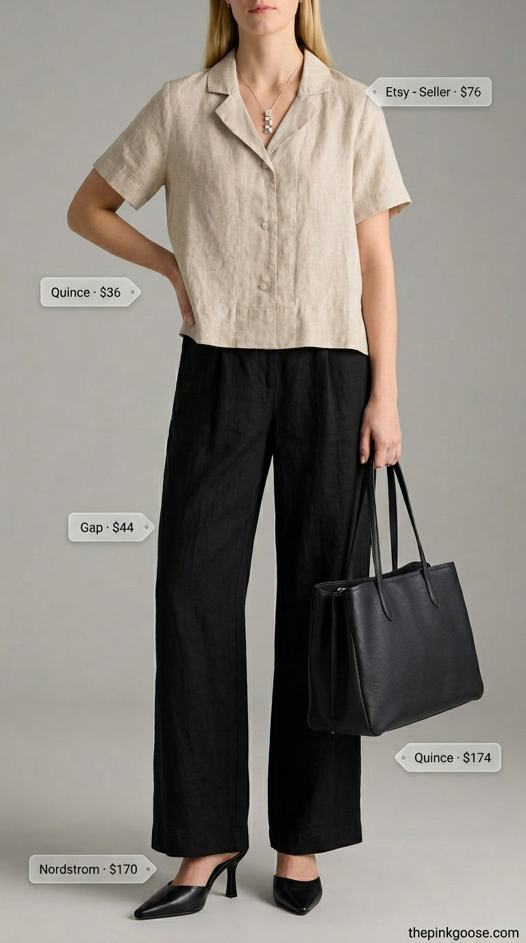Minimalist beige linen blouse with black linen trousers for business casual.