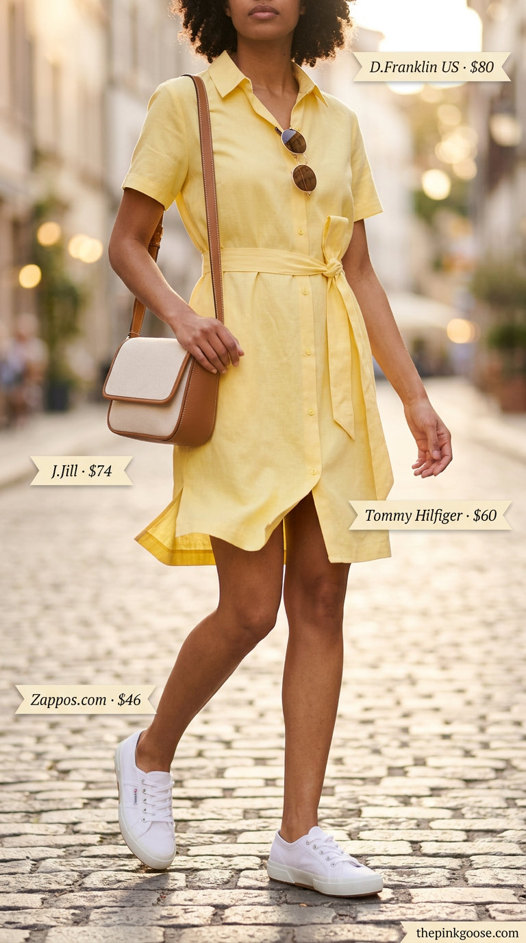 Cheerful yellow linen shirt dress for casual days and picnics.