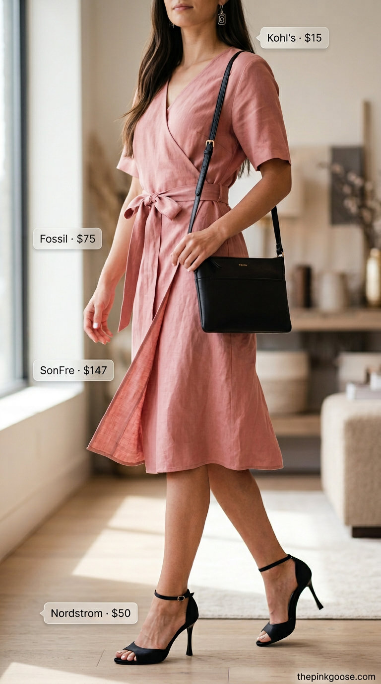 Elegant blush pink linen wrap dress for date nights and summer weddings.