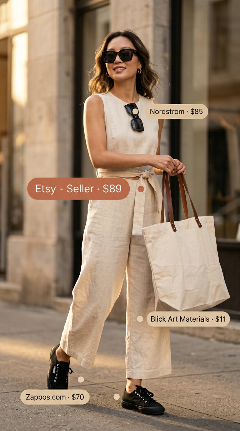 Chic beige linen jumpsuit for travel and casual days. Comfortable and stylish for weekend getaways.