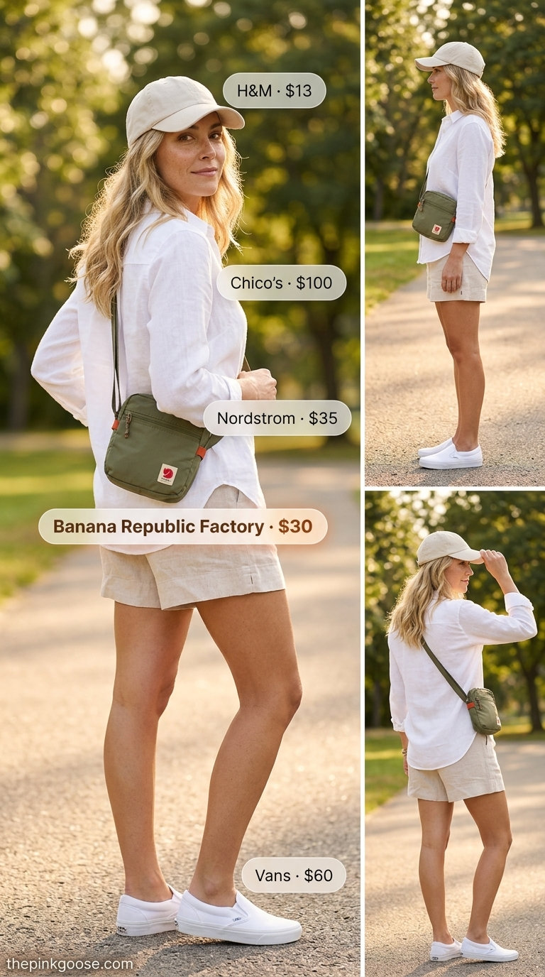 Weekend casual outfit with beige linen shorts, oversized white linen shirt, and olive green crossbody bag. Summer linen blouses for women 2026.