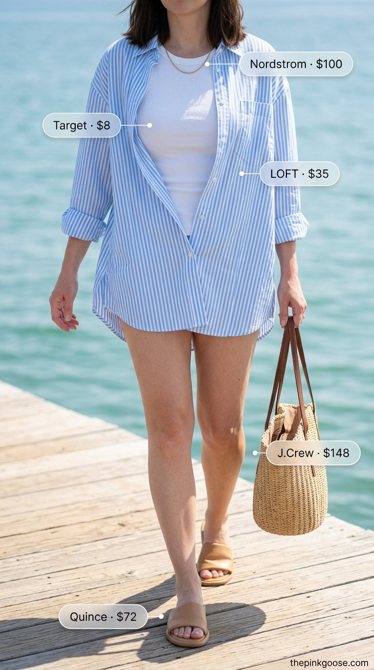 Chic coastal linen set with light blue stripe oversized shirt and wide-leg pants, white tank top, and straw tote. Summer linen blouses for women 2026.