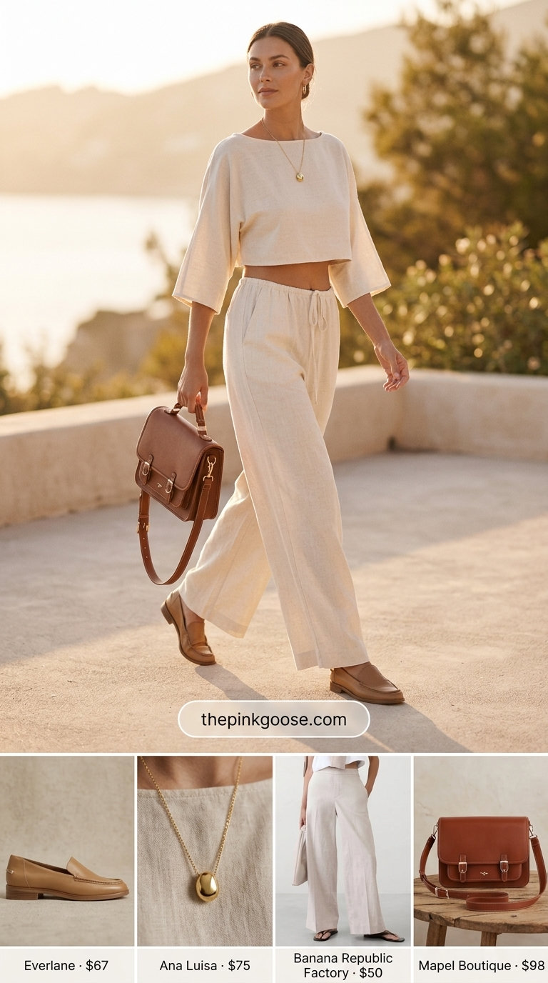 Refined cream linen blouse outfit with beige trousers, leather loafers, and gold pendant necklace. Summer linen blouses for women 2026.