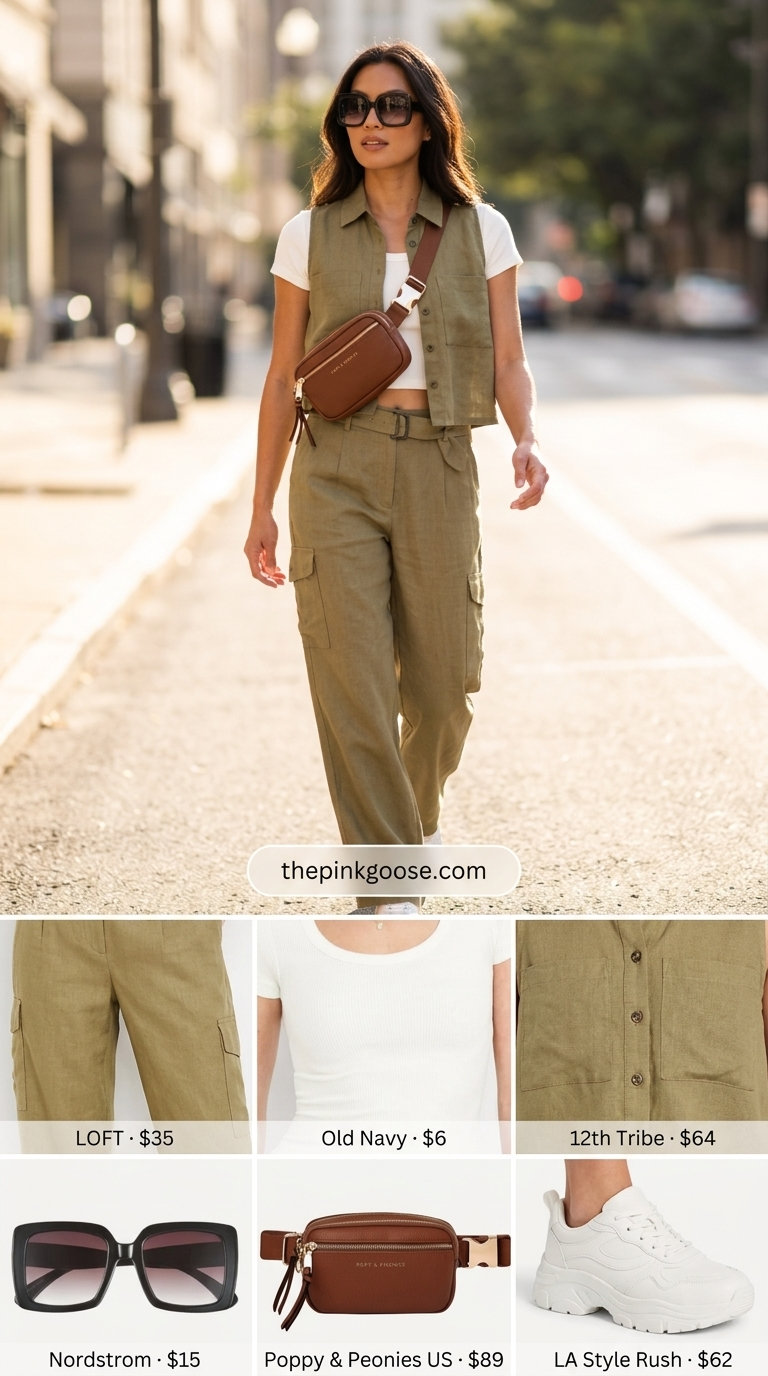Trendy retro outfit with khaki green linen cargo pants, white crop top, and chunky sneakers. Summer linen blouses for women 2026.