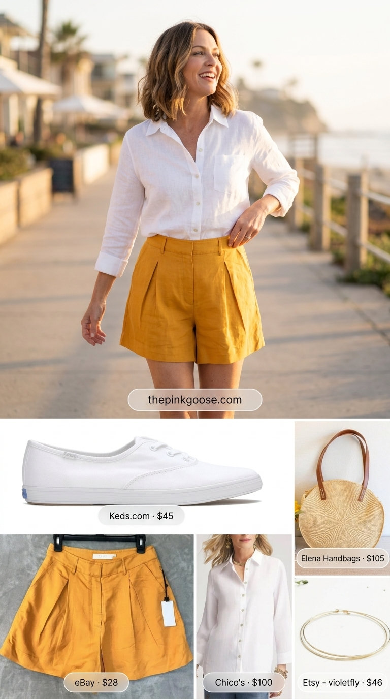 Playful mustard yellow linen shorts set with white canvas sneakers and woven circle bag. Summer linen blouses for women 2026.