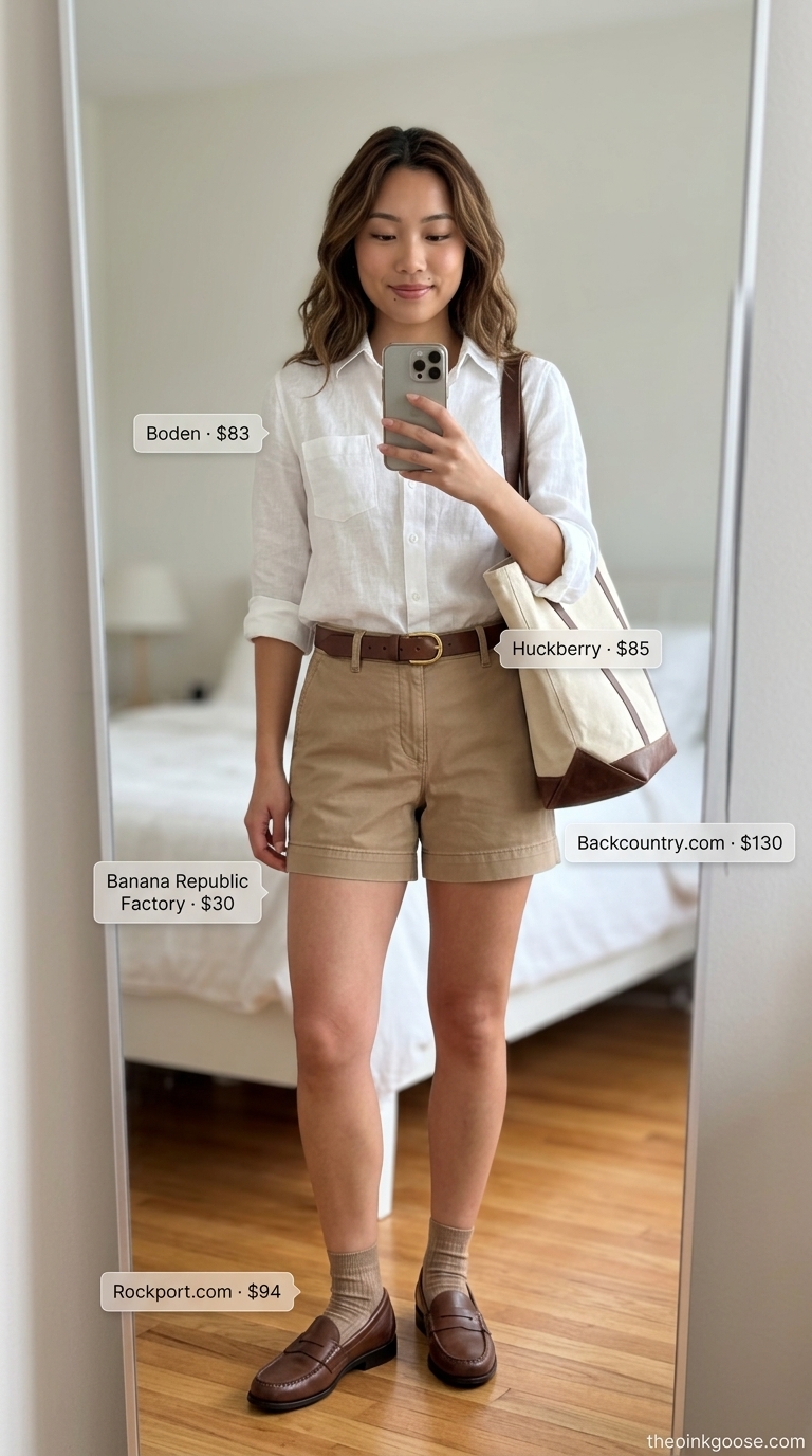 Classic preppy outfit with navy linen blouse, khaki shorts, penny loafers, and canvas tote. Summer linen blouses for women 2026.