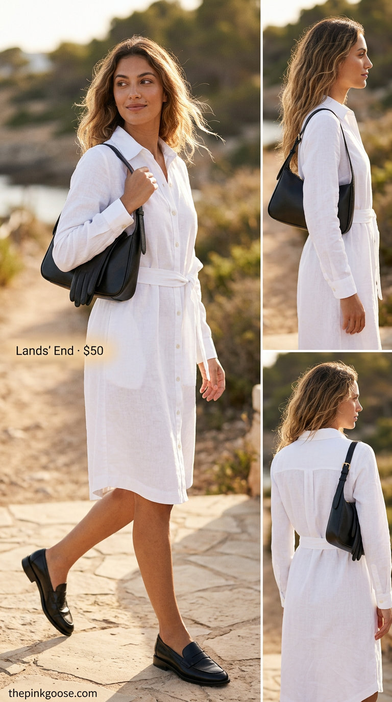 Minimalist white linen shirt dress with black slides and crossbody bag. Summer linen blouses for women 2026.