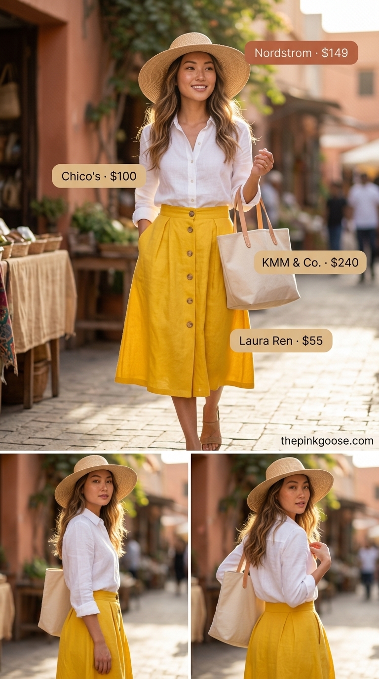 Sunny Yellow Linen Skirt outfit with white linen blouse, straw hat, and espadrilles. Summer linen blouses for women 2026.