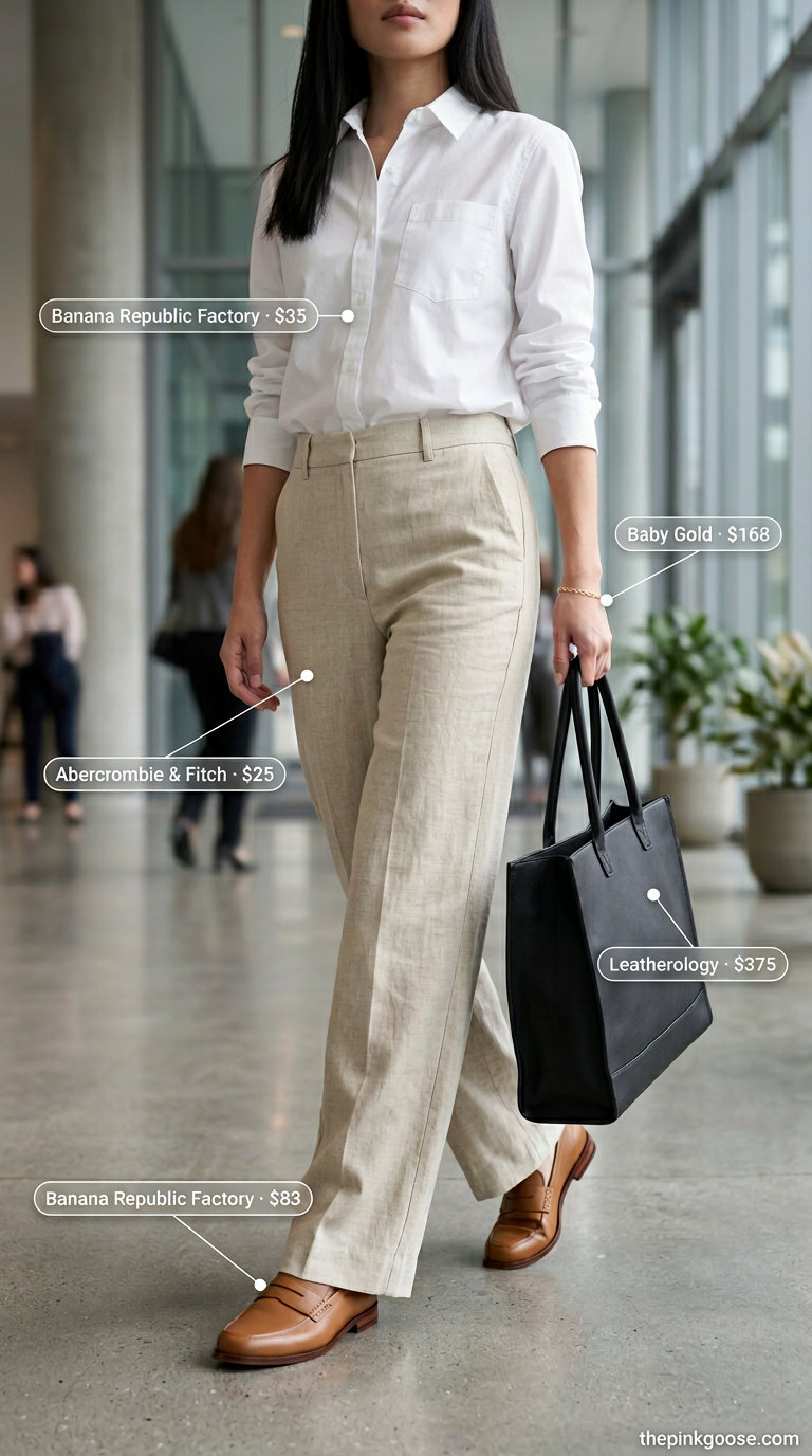 Chic summer linen business casual outfit for women 2026: beige wide-leg pants, white button-down & tan loafers.