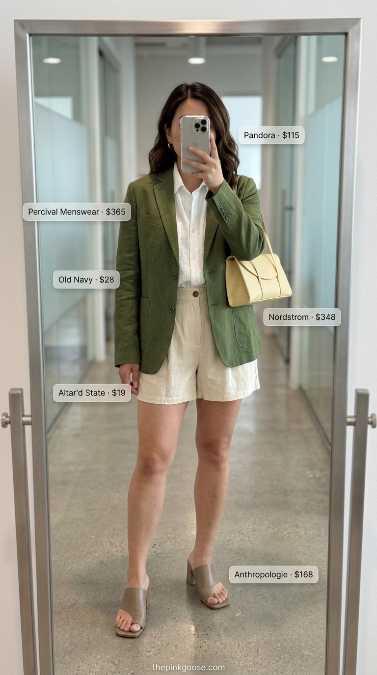 Beige linen shorts and olive green blazer outfit for women, summer business casual 2026. Sophisticated office look with white shirt and mules.