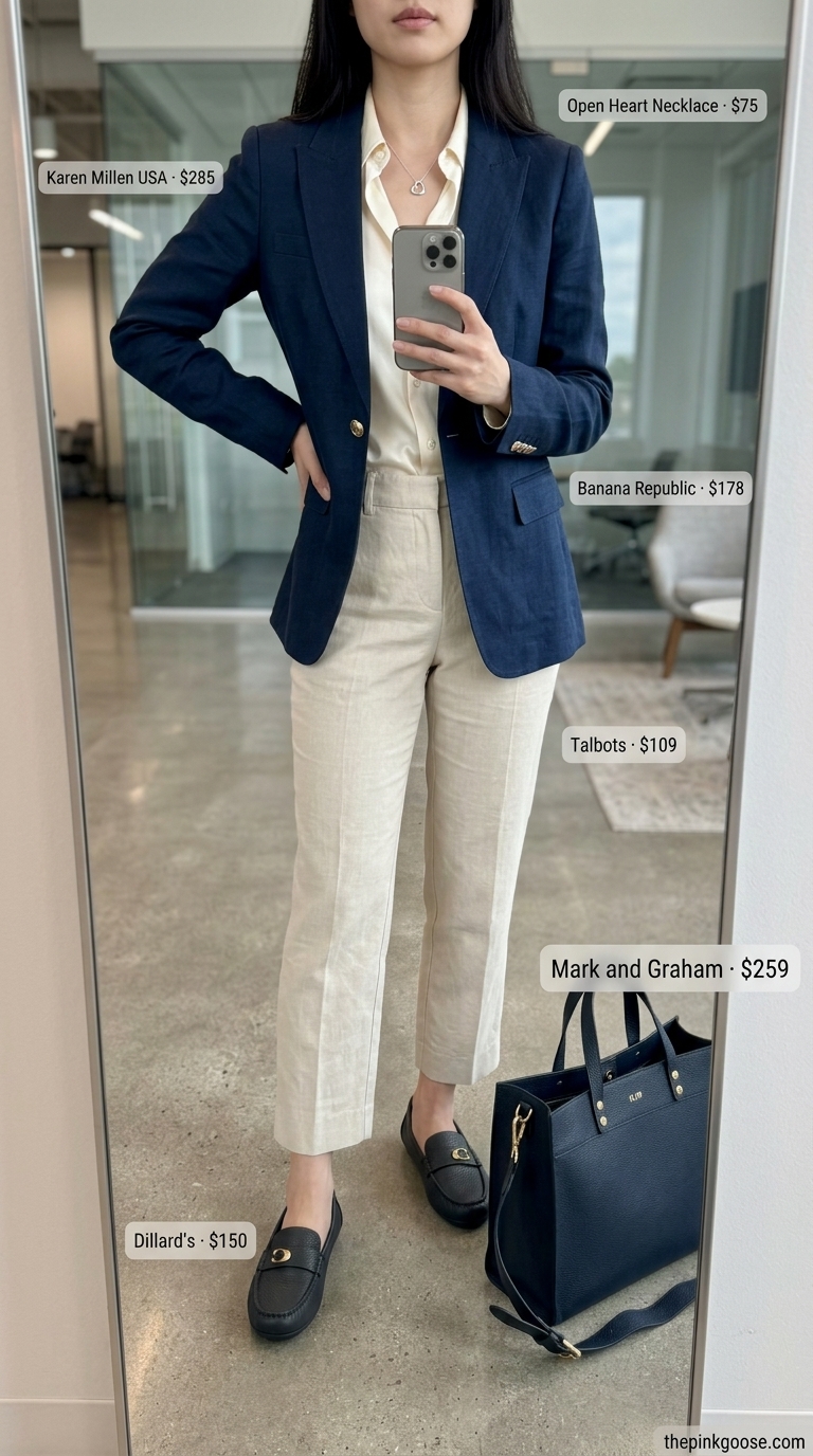 Sophisticated summer linen business casual outfit for women 2026: beige linen trousers, cream blouse, navy blazer & loafers.