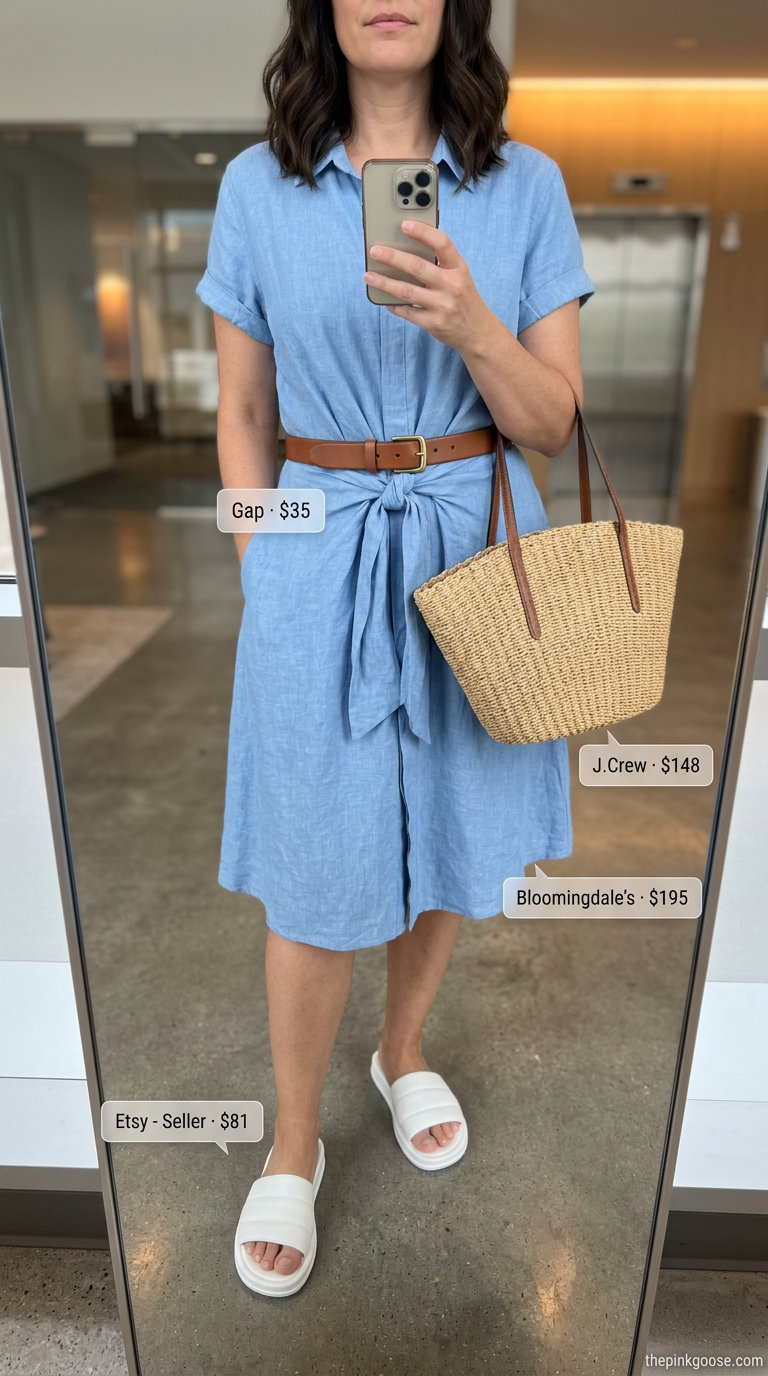Sky blue linen shirt dress outfit for women, summer business casual 2026. Relaxed and fresh office lunch look with tan belt and straw tote.