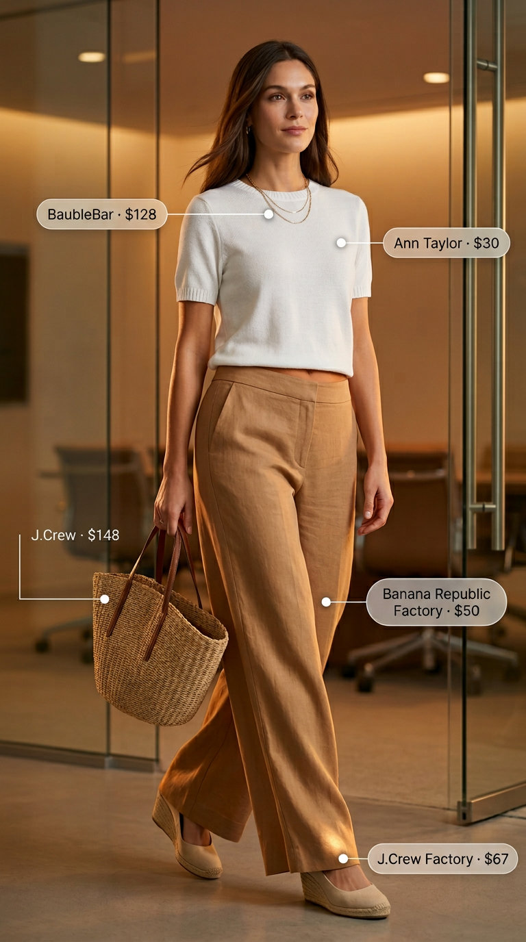 Camel linen palazzo pants outfit for women, summer business casual 2026. Elegant and comfortable office look with white knit top and espadrilles.