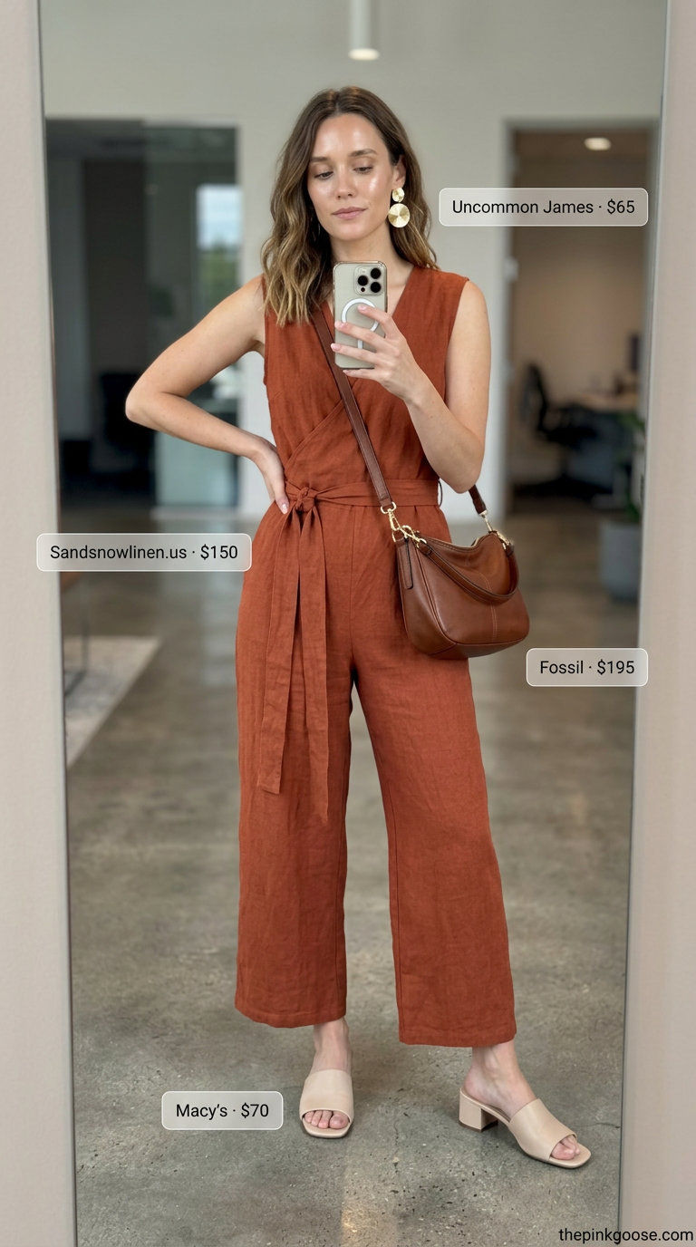 Rust orange linen jumpsuit for a stylish summer business casual outfit for women 2026, with cream sandals.