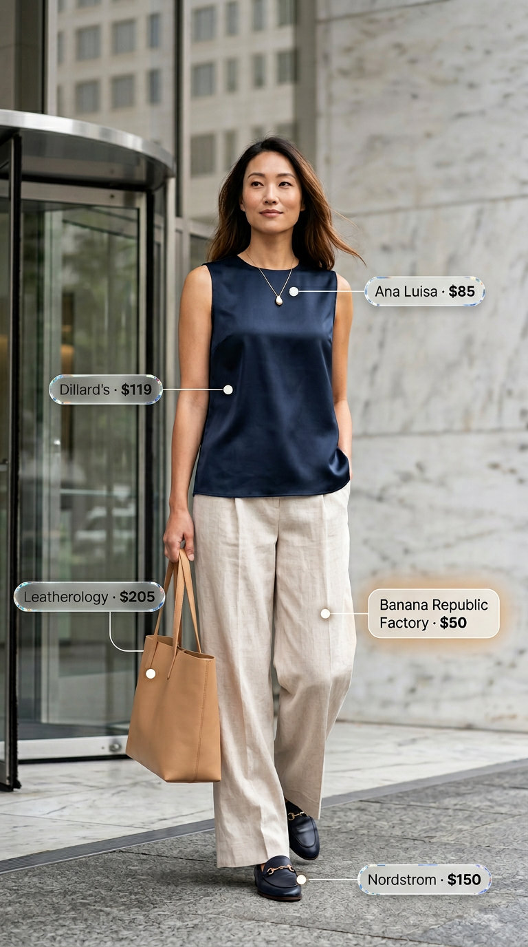 Cream linen trousers with a navy silk blouse for a professional summer business casual outfit for women 2026.
