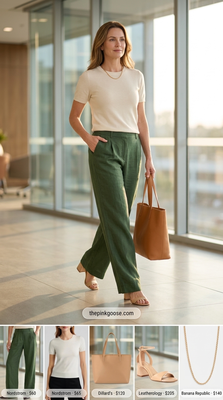 Forest green linen wide-leg pants outfit for women, summer business casual 2026. Chic and comfortable office look with cream top and tan accessories.