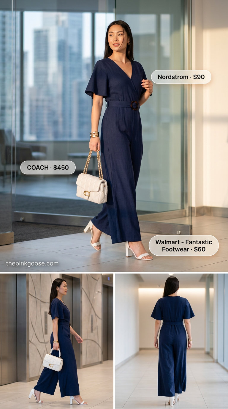 Navy blue linen jumpsuit for a confident summer business casual outfit for women 2026, paired with white sandals and gold jewelry.