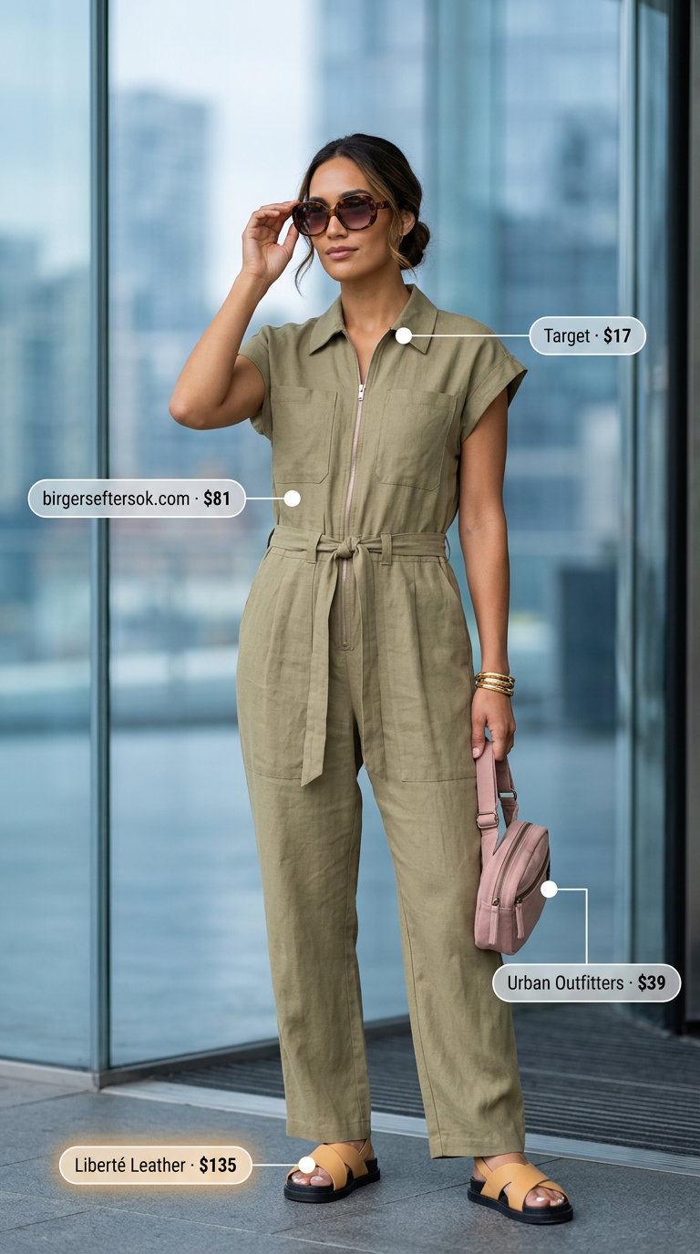 Khaki green linen utility jumpsuit outfit for women, summer business casual 2026. Relaxed and stylish weekend look with chunky sandals.
