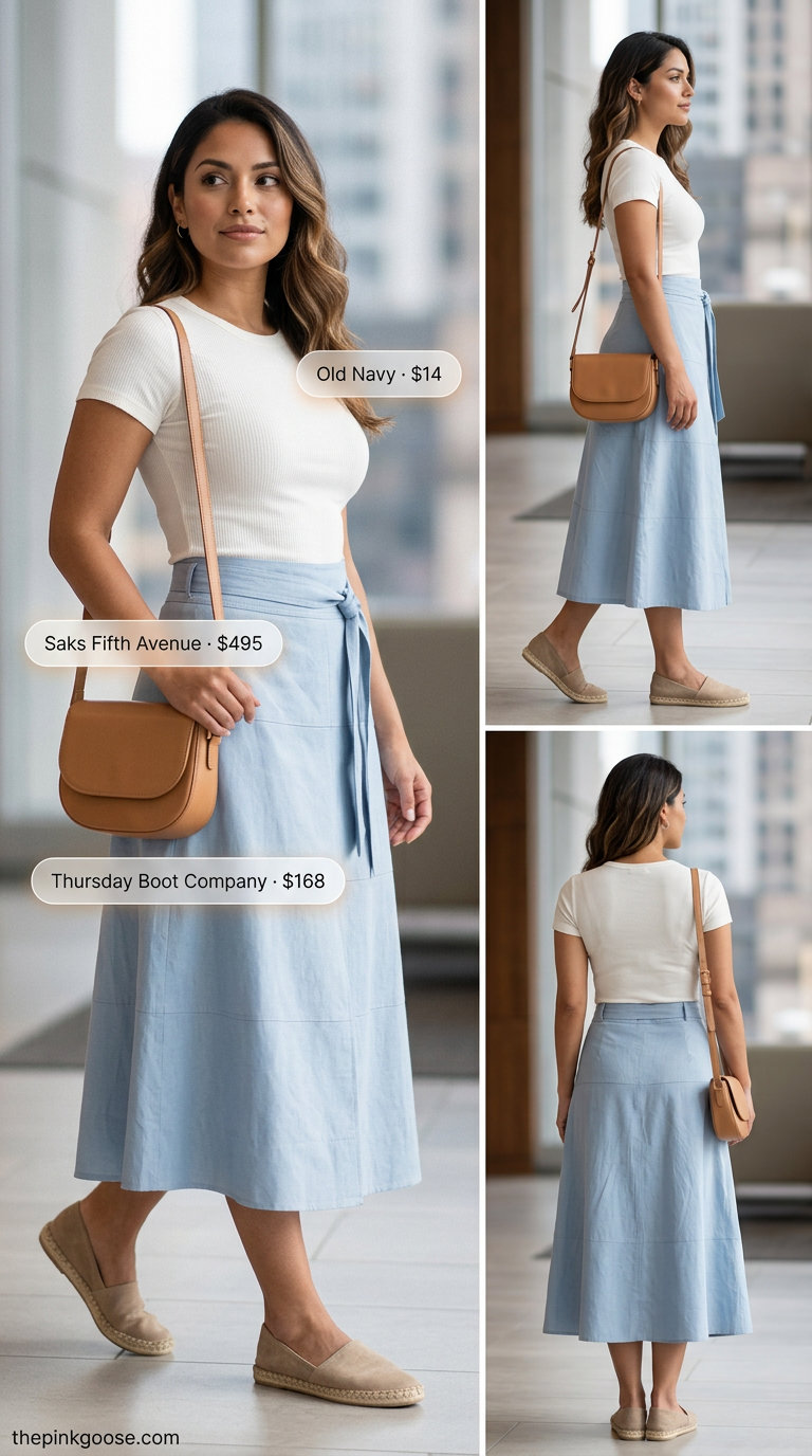Feminine summer linen business casual outfit for women 2026: light blue skirt, white knit top & espadrilles.