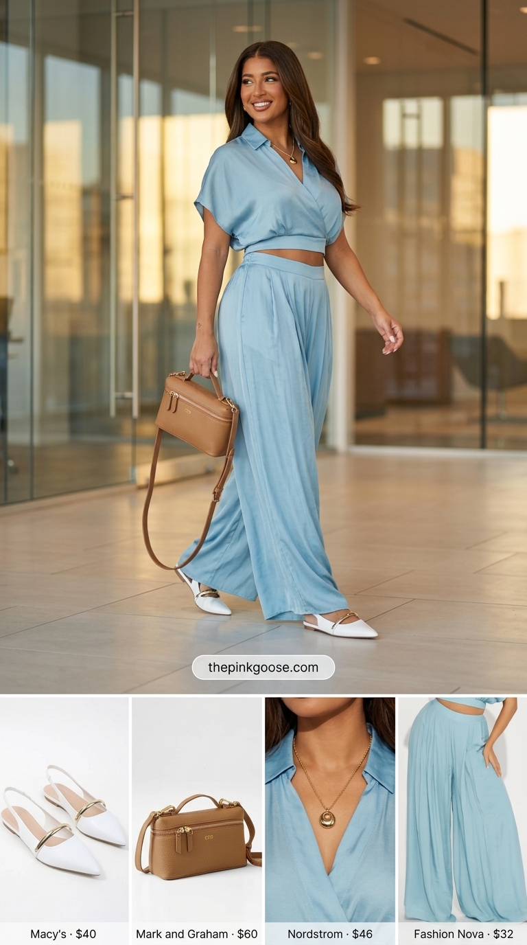Soft blue linen co-ord set for a chic summer business casual outfit for women 2026, with white flats and gold jewelry.