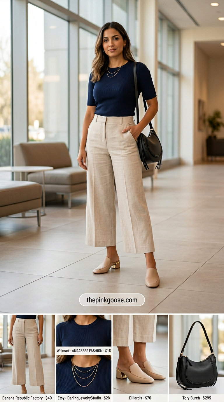 Beige linen culottes with a navy knit top for a comfortable summer business casual outfit for women 2026.