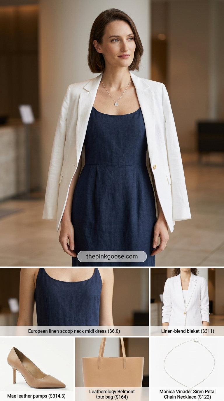 Navy blue linen sheath dress with a white blazer for a sophisticated summer business casual outfit for women 2026.