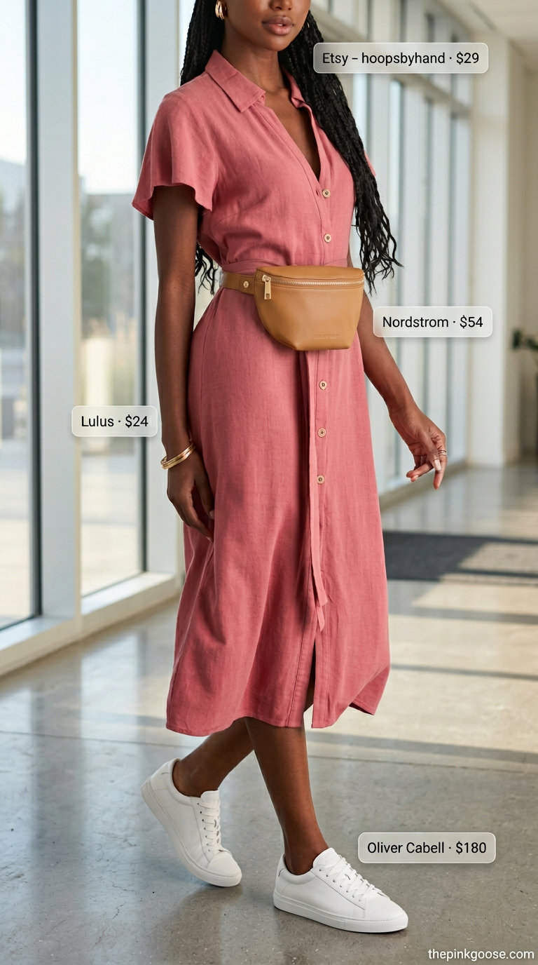 Dusty rose linen shirt dress for an effortless summer business casual outfit for women 2026, styled with white sneakers.
