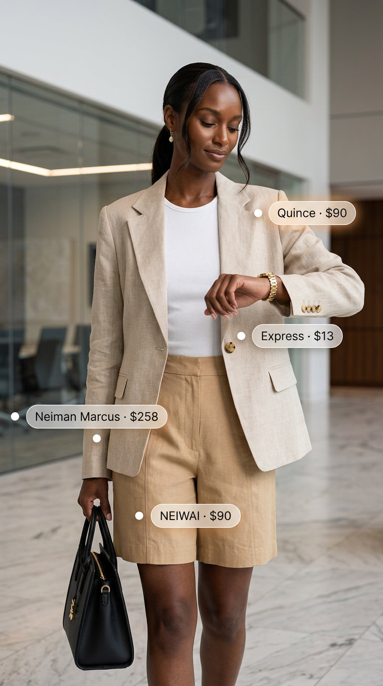 Beige linen Bermuda shorts with a tailored blazer for a modern summer business casual outfit for women 2026.