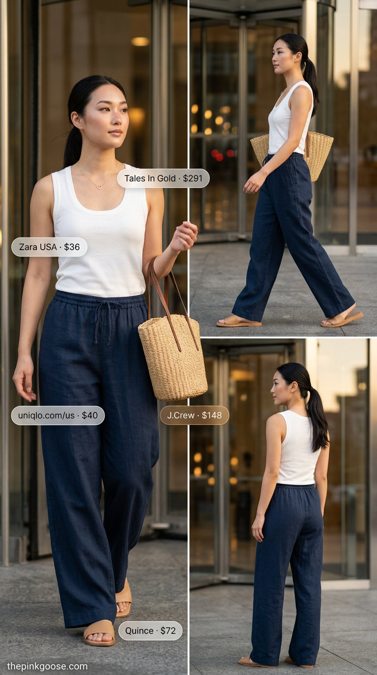 Relaxed summer linen business casual outfit for women 2026: navy linen trousers, white knit top & straw tote.