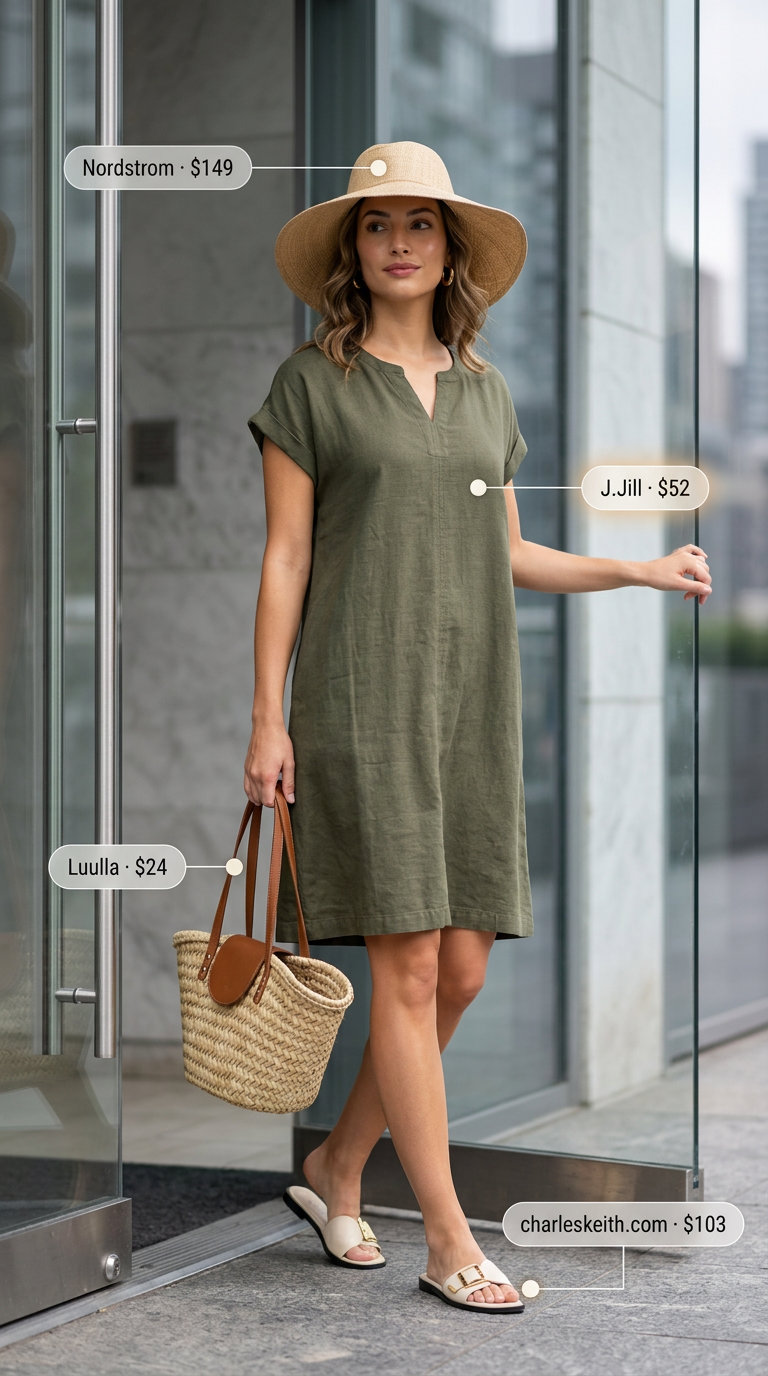 Olive green linen A-line dress outfit for women, summer business casual 2026. Relaxed and chic look with straw hat and woven tote.