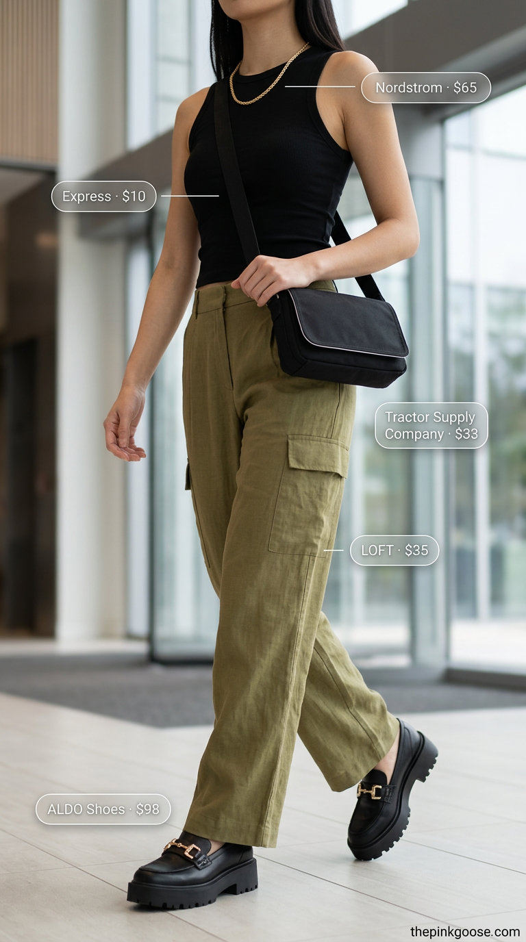 Olive green linen cargo pants outfit for women, summer business casual 2026. Trendy, relaxed urban style with black tank and loafers.