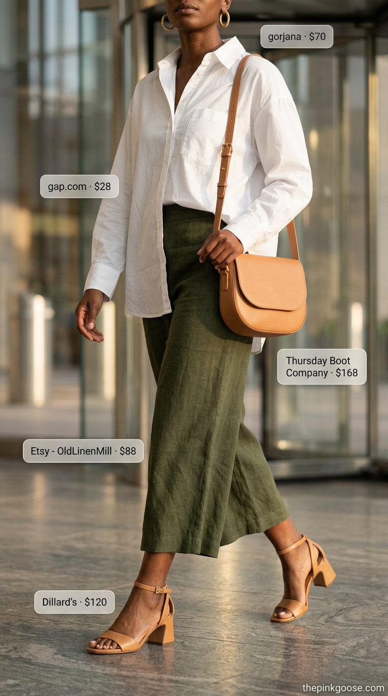 Olive green linen culottes outfit for women, summer business casual 2026. Fresh and chic office look with white button-down and block heels.