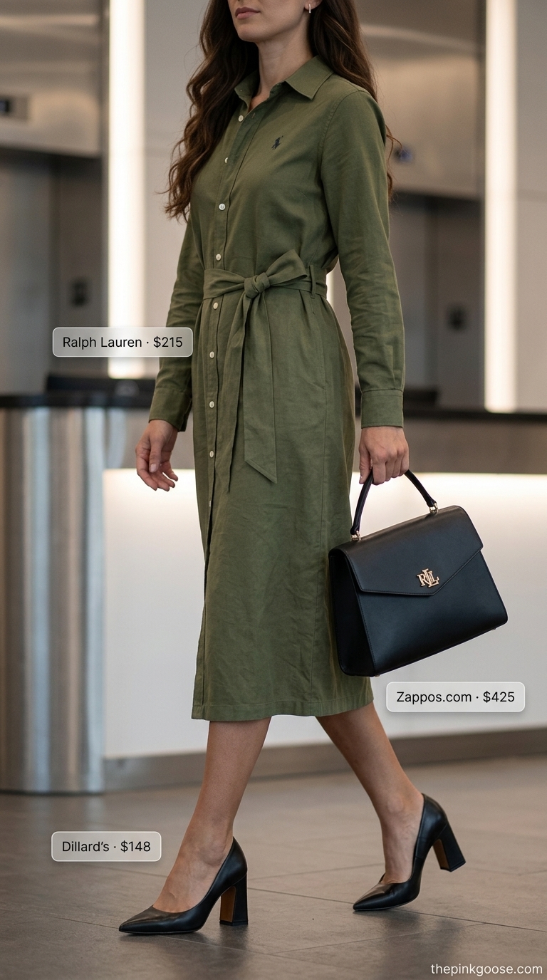 Elegant summer linen business casual outfit for women 2026: olive green midi dress, black pumps & leather satchel.