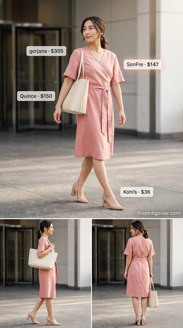 Blush pink linen wrap dress outfit for women, summer business casual 2026. Feminine and sophisticated office look with nude heels and gold necklace.