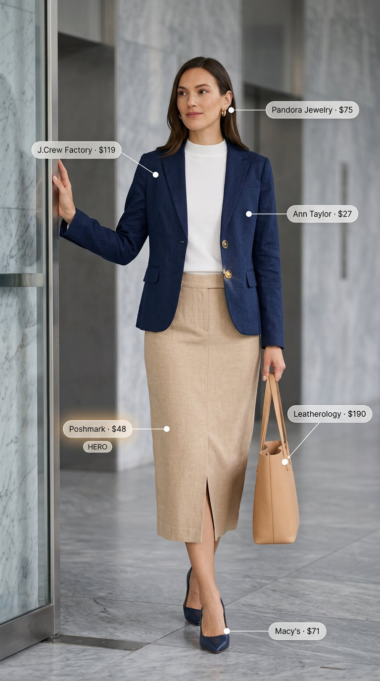 Tan linen pencil skirt with a navy blazer for a sophisticated summer business casual outfit for women 2026.