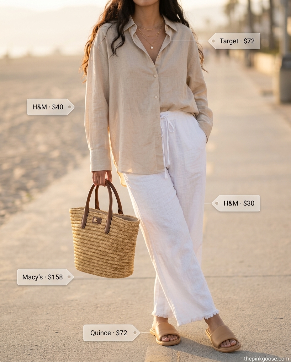 Soft beige linen pants and shirt set for summer linen shirt outfits for women 2026. Relaxed coastal style.