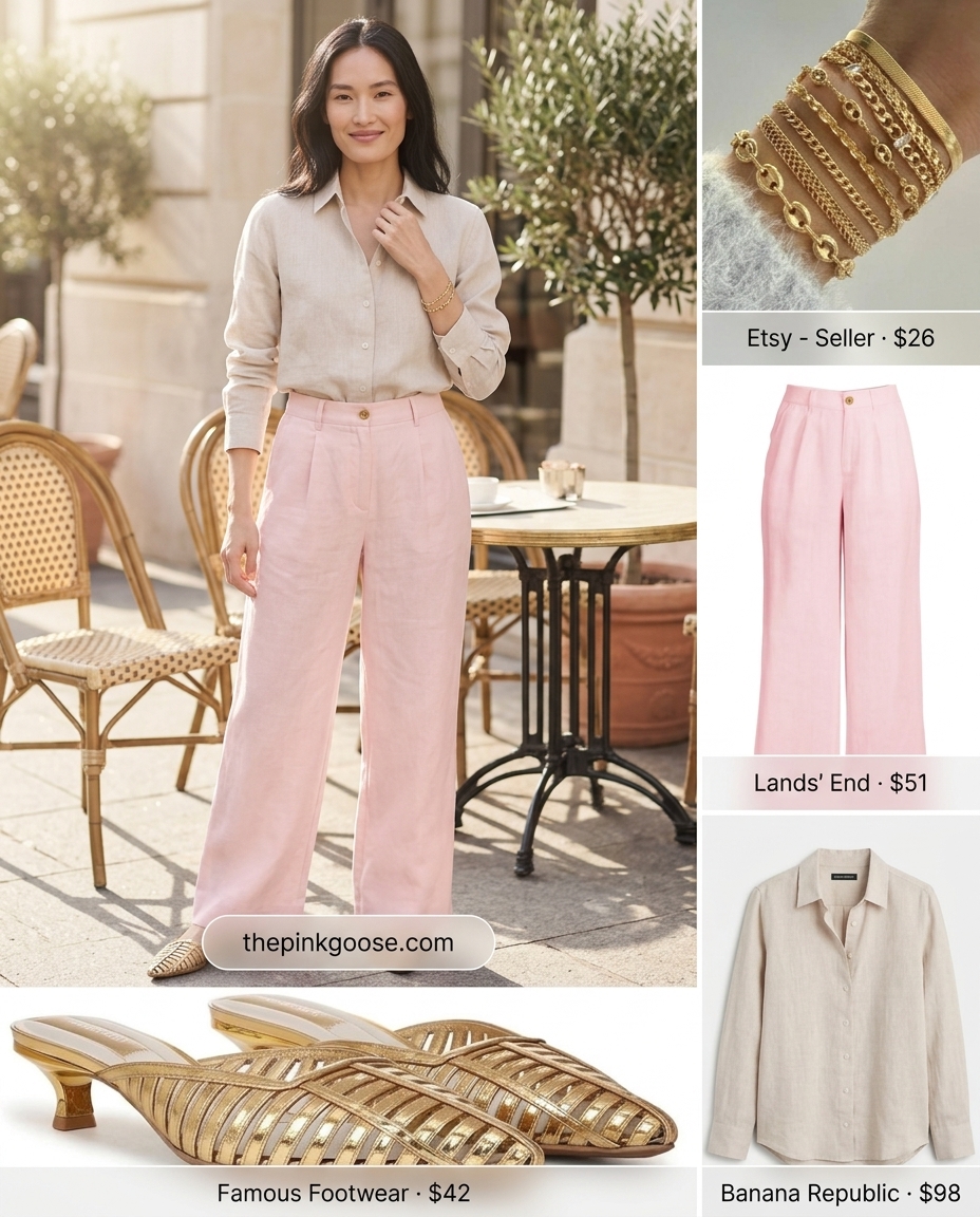 Blush pink linen trousers with cream top for summer linen shirt outfits for women 2026. Chic pantsuit style.