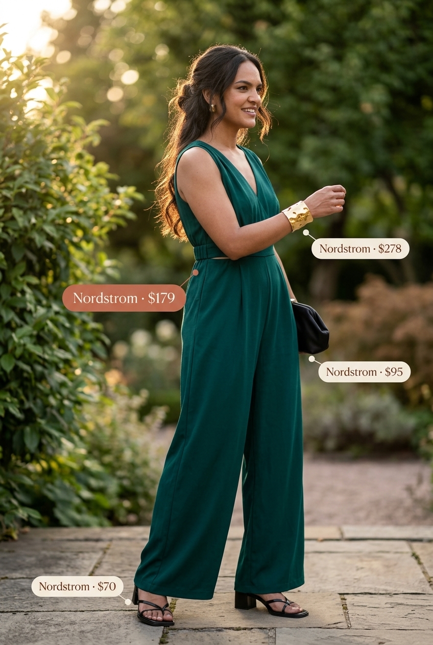 Emerald green linen jumpsuit with gold accessories for summer linen shirt outfits for women 2026. Bohemian party style.