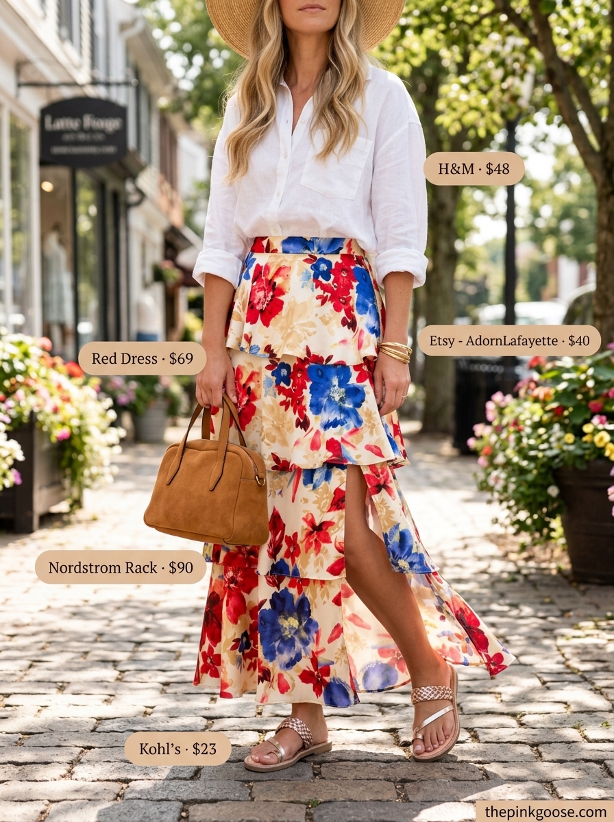 White linen shirt with floral maxi skirt for summer linen shirt outfits for women 2026. Artistic market style.