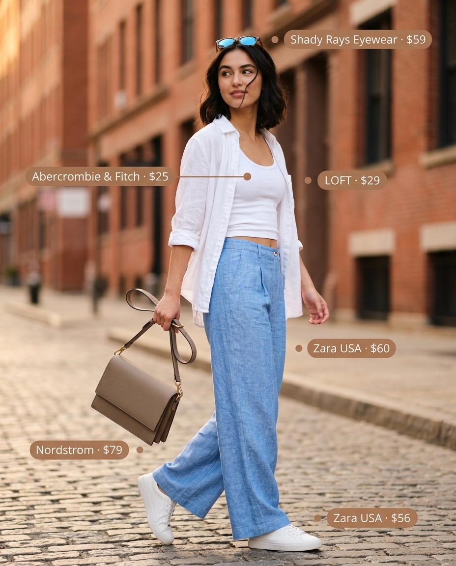 Summer linen shirt outfits for women 2026: Light blue linen trousers, white shirt, sneakers for city exploration.