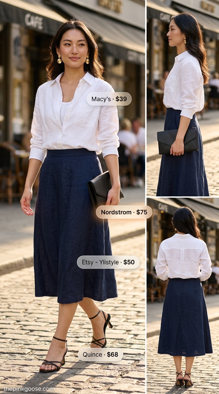 Summer linen shirt outfits for women 2026: Navy linen skirt, white tank, gold earrings for a dinner date.