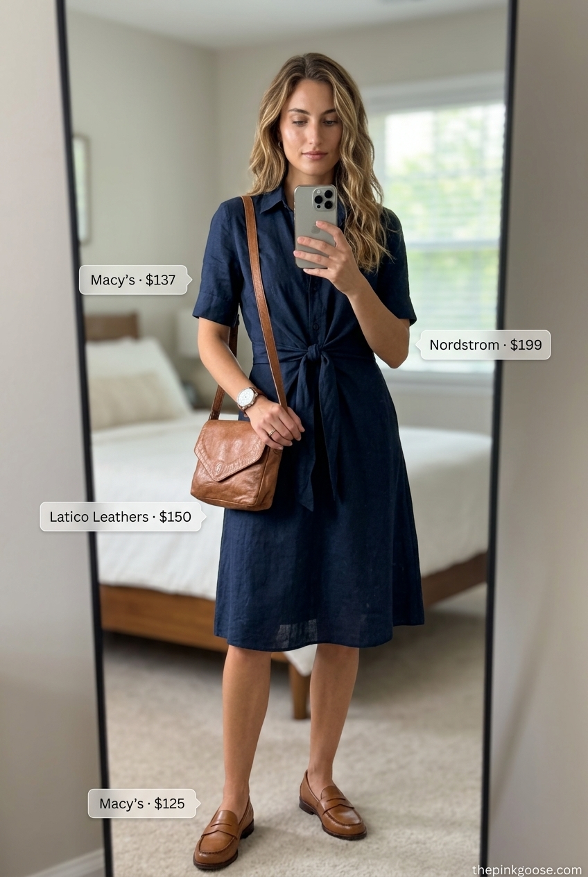 Summer Linen Shirt Outfits for Women 2026: Navy linen shirtdress with leather accessories for office casual.