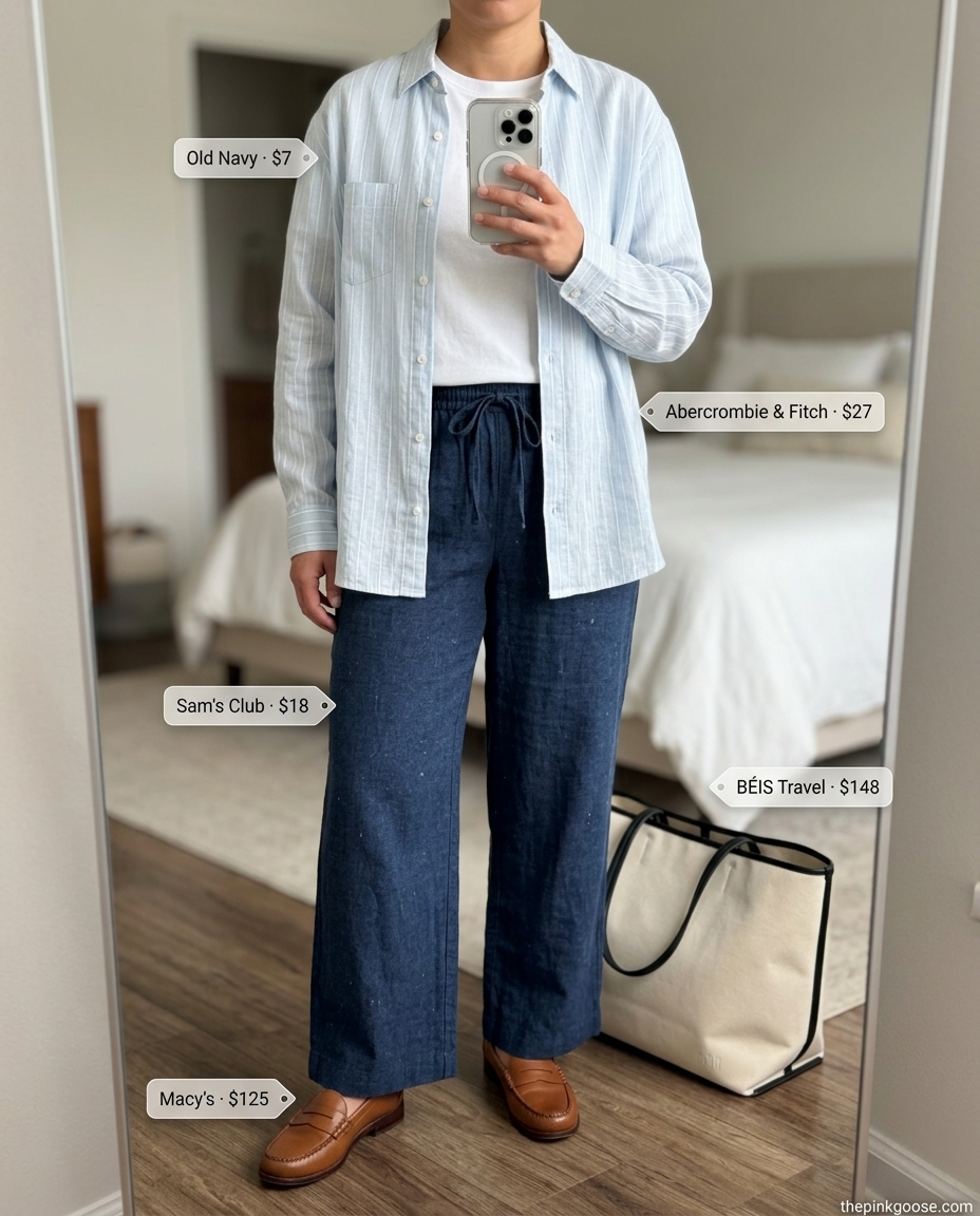Summer Linen Shirt Outfits for Women 2026: Navy linen trousers, white tee, and stripe linen shirt for travel.