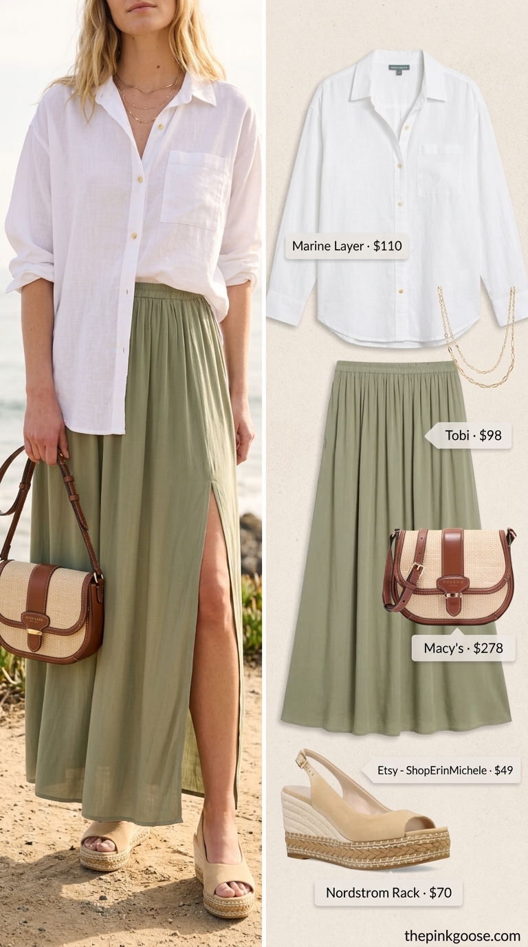 Summer Linen Shirt Outfits for Women 2026: Sage green linen maxi skirt with white linen shirt for evening.