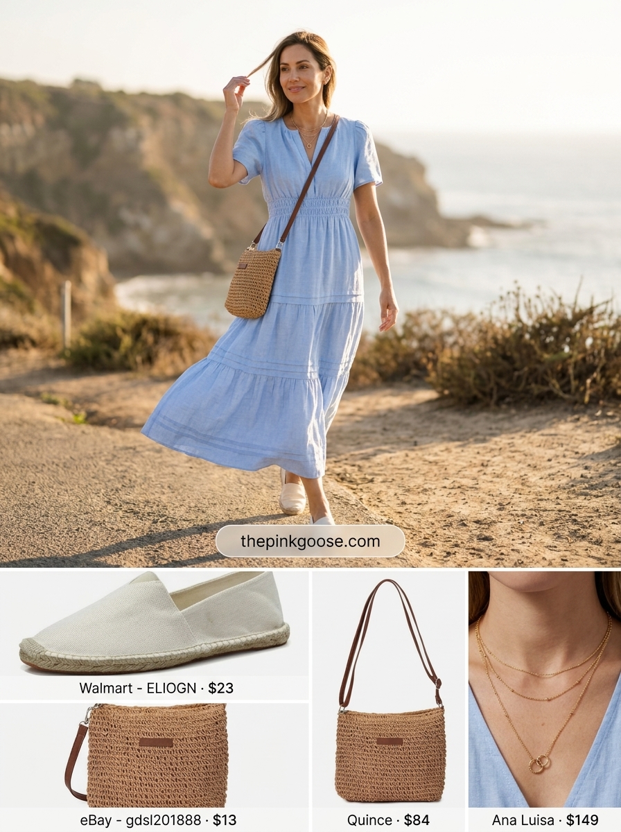 Sky blue linen maxi dress with espadrilles for summer linen shirt outfits for women 2026. Relaxed beachwear style.