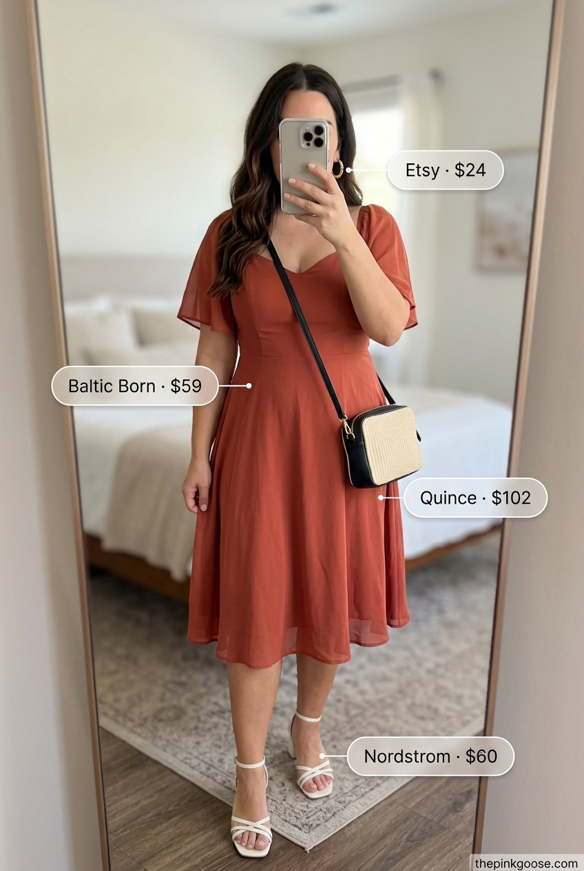 Summer Linen Shirt Outfits for Women 2026: Terracotta linen midi dress with cream sandals for dinner.
