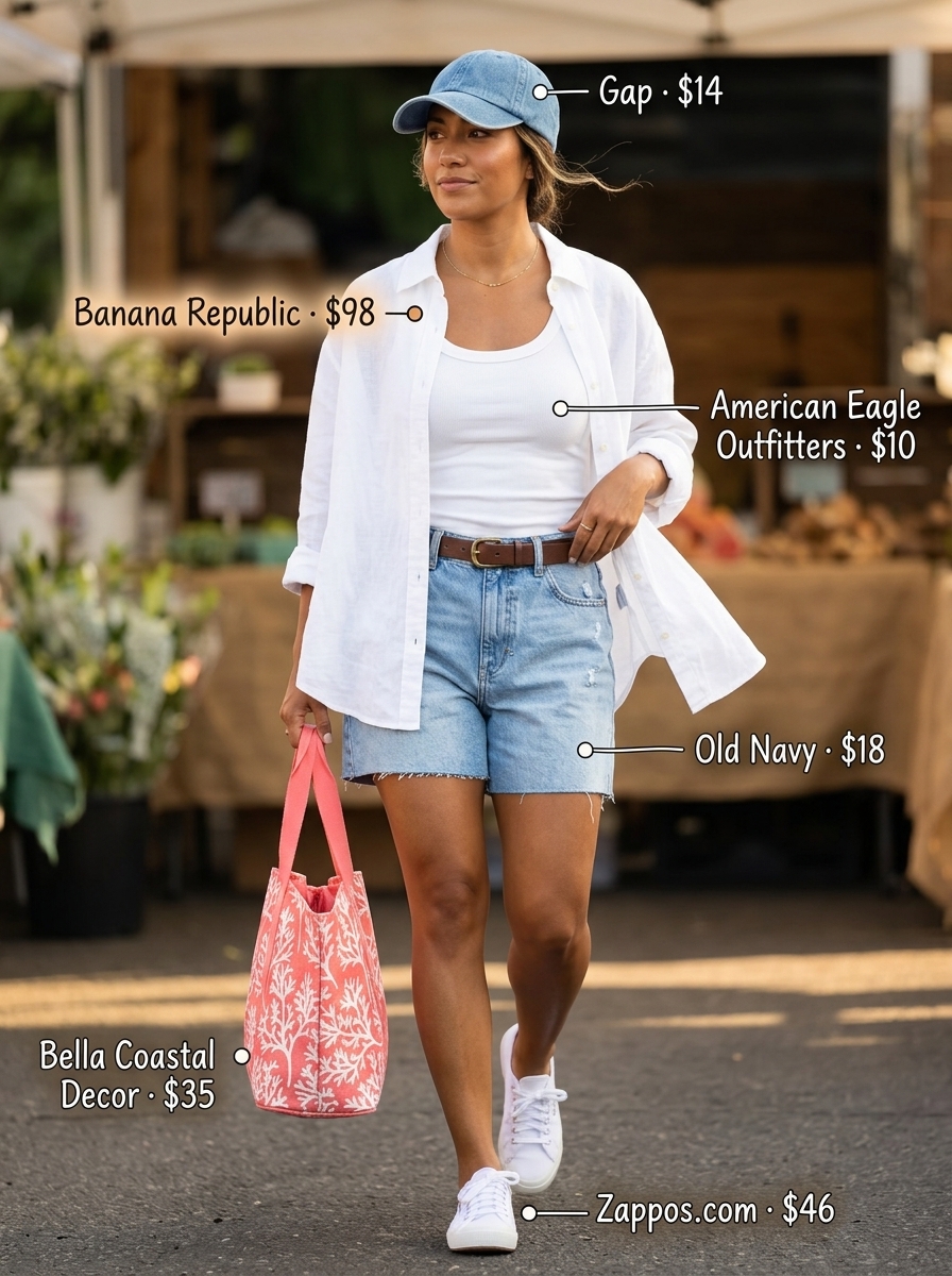 Summer linen shirt outfits for women 2026: Denim shorts, white linen shirt, baseball cap for farmers market.