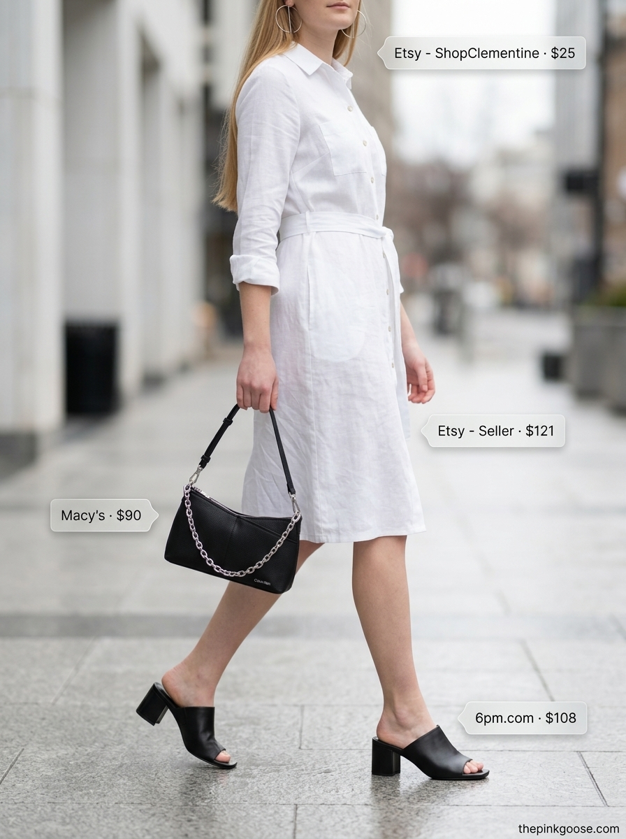 White linen shirt dress with black accessories for summer linen shirt outfits for women 2026. Polished city style.