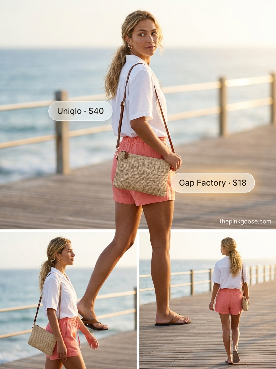 Summer Linen Shirt Outfits for Women 2026: White linen shirt with coral shorts for casual day out.