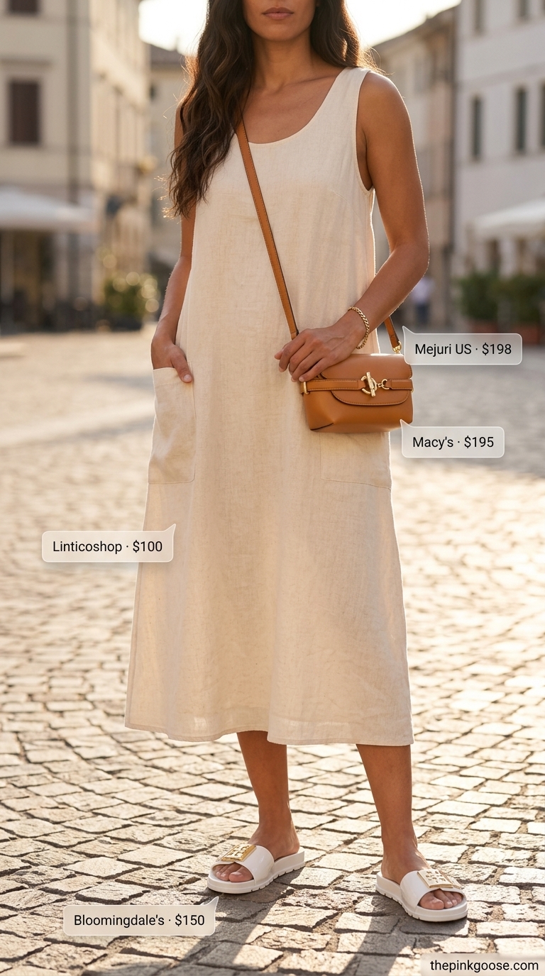 Elevated Linen Tank Dress 2026 Minimalist summer dress: beige sleeveless linen tank dress, white slides, and tan crossbody bag. 2026.